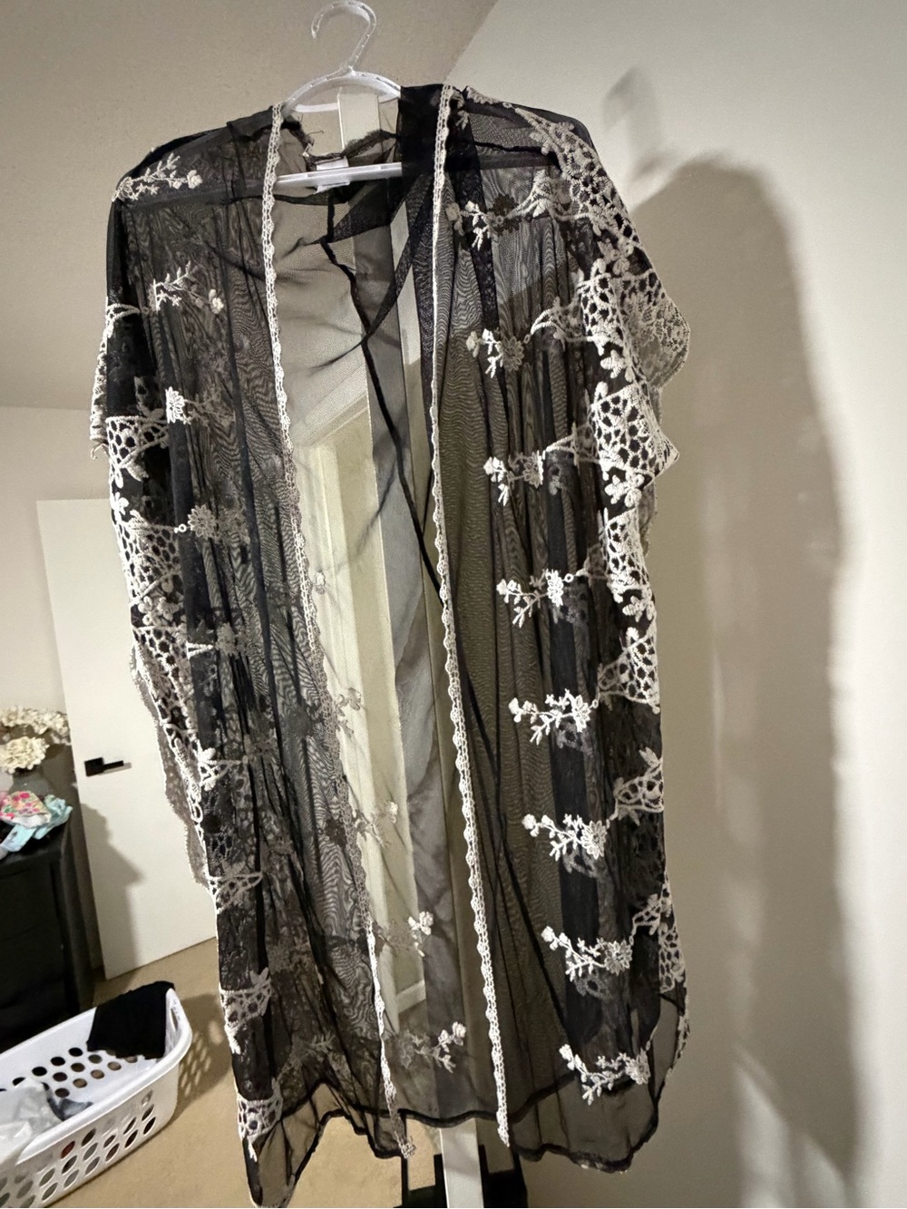 Sheer Black Lace Kimono Robe with Ivory Floral Embroidery